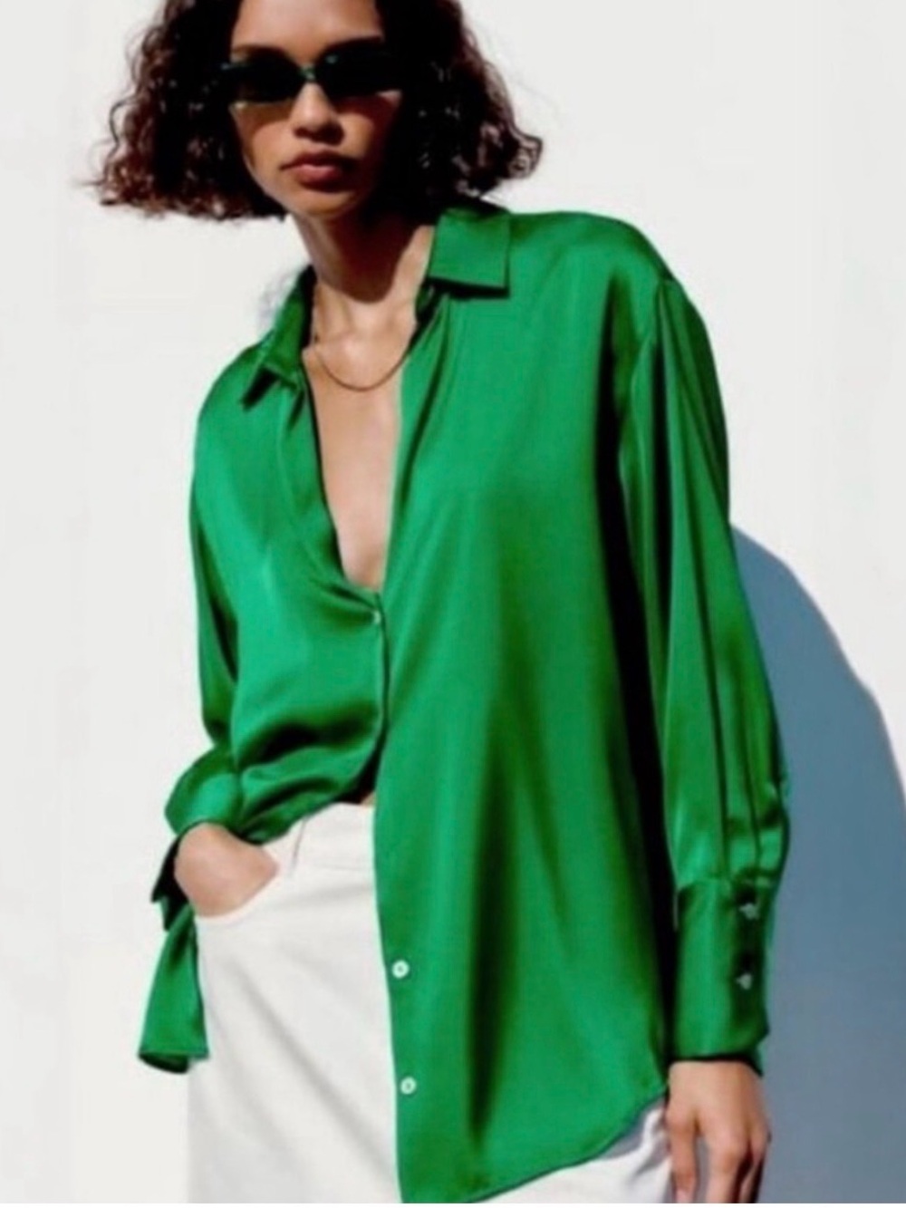 Zara Green Satin Button-Down Shirt Sz XXL